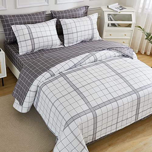 Queen Comforter Set-Bed in A Bag Plaid, 7 Piece Bedding Sets with Black White - Picture 1 of 7