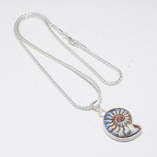 925 Sterling Silver Ammonite Fossil Gemstone Handmade Jewelry Necklace Size-18