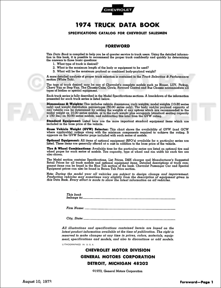 Libro de datos de camionetas Chevy 1974 para todas las camionetas Chevrolet opciones datos especificaciones Foto 2 de 2