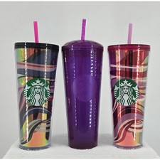 Starbucks Reusable Cold Cups Set of 3 Pink Smoky Gray Purple Domed Lid Tumblers