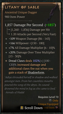   DIABLO 4 SEASON 13   Litany of Sable   Unique Ancestral Dagger   0-4 GA