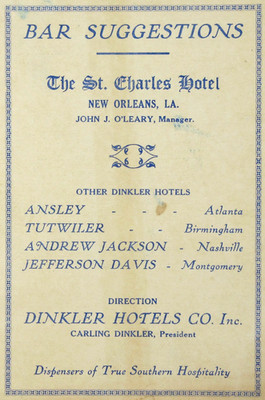 St Charles Hotel New Orleans Cocktail Menu Drinks Martini Whiskey Cordials 1940s