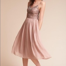 BHLDN Embellished Chiffon Dress Beaded Bodice Blush Taupe Spaghetti Straps