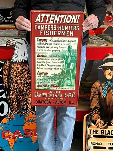 Antique Vintage Style Metal Sign Attention Campers Hunters Fishermen Made in USA