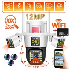 12MP 3 Lens WiFi IP Camera Wireless Outdoor CCTV PTZ Home Security IR Cam USA