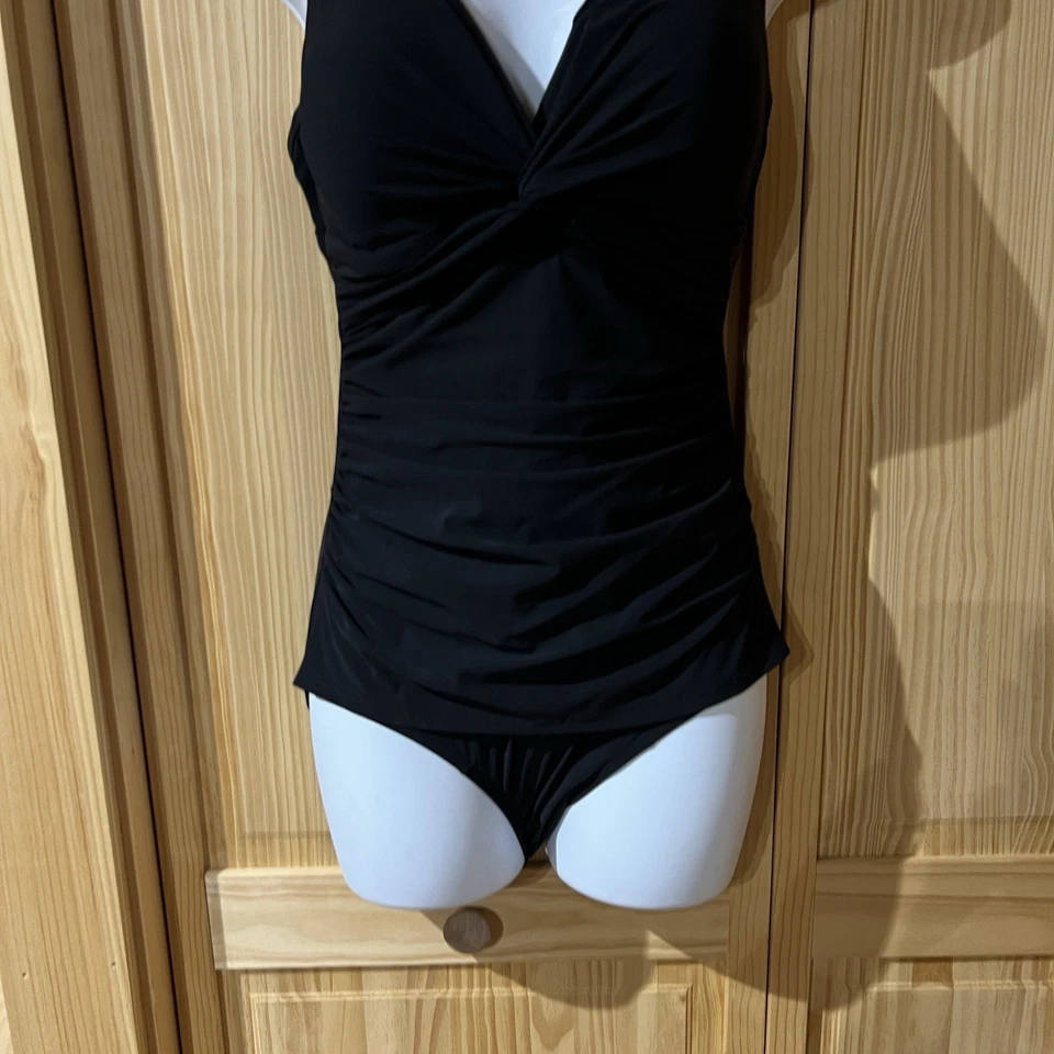 LL BEAN Black One Piece Swimsuit Ruched Draped Front Size 10 UPF 40+ - Image 3 of 4