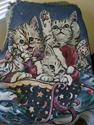 CHRISTMASSY DECORATIVE THROW/BLANKET  KITTENS/SLEIGH/SNOW BY KAYOMI 54X76 EUC