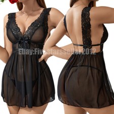 Womens Lingerie Sheer Lace Mini Babydoll Teddy Sexy Dress Set Backless Sleepwear