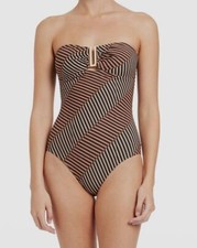  180 Jets Women Brown Striped Raya Bandeau One Piece Swimsuit Size 6