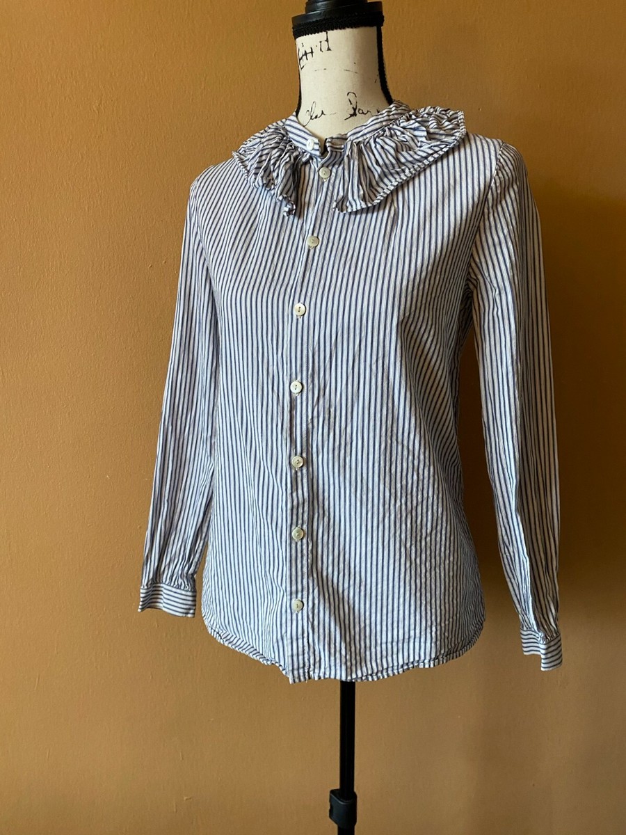 APC Blue White Striped Cotton Ruffle Collar Button Down Shirt Top  