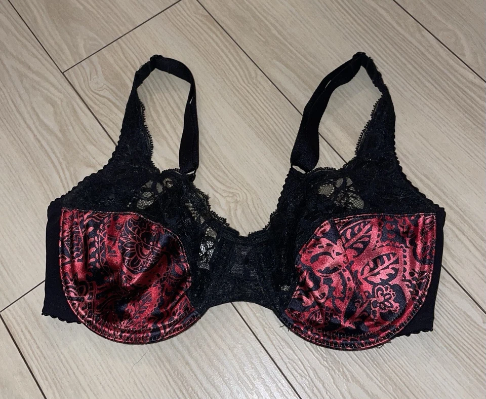 Sujetador Lunaire 10111 satinado encaje sin forro con aros floral para mujer 32C negro rojo Foto 2 de 4