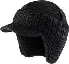 Mens Black Peaked Winter Knitted Beanie Hat With Fleece Lining Soft Warm Fit Cap