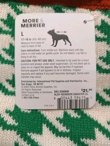 More & Merrier Christmas Reindeer Pet Sweater Size L (17-19 In) /441 - Picture 3 of 4