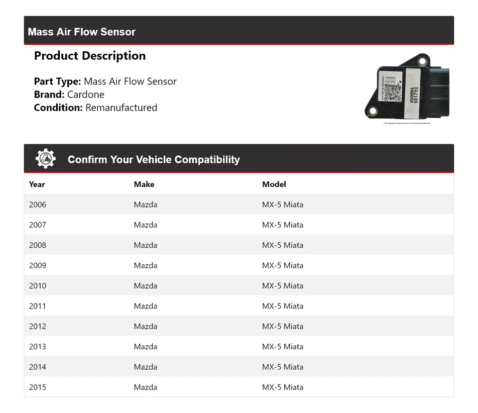 Датчик массового расхода воздуха Cardone 2007 2008 2009 2010 для Mazda MX-5 Miata 2006-2015 годов выпуска - Изображение 2 из 4
