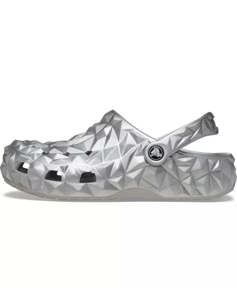 Crocs Metallic Geometric Silver Classic Clogs Unisex, Brand Crocs Metallic Geometric Silver Classic Clogs Unisex, Brand