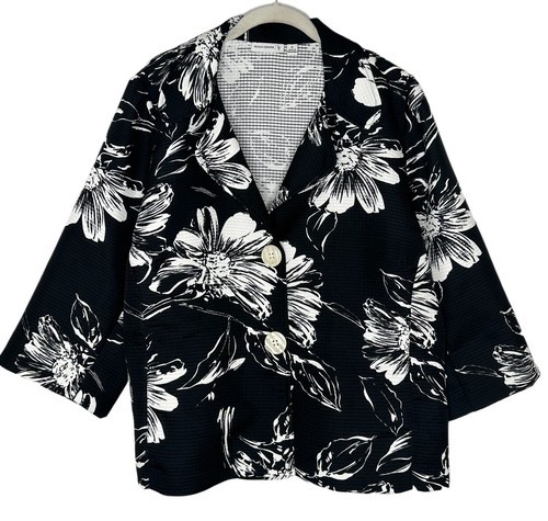 Susan Graver Damen schwarz weiß Blumenmuster Knopf Stepp Blazer Jacke Größe 1X