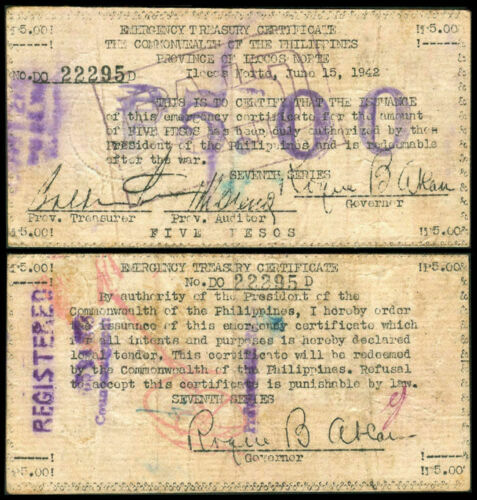 Philippine WW2 ILOCOS NORTE 5 PESOS JUNE 15, 1942 Note #S297 - Picture 1 of 2