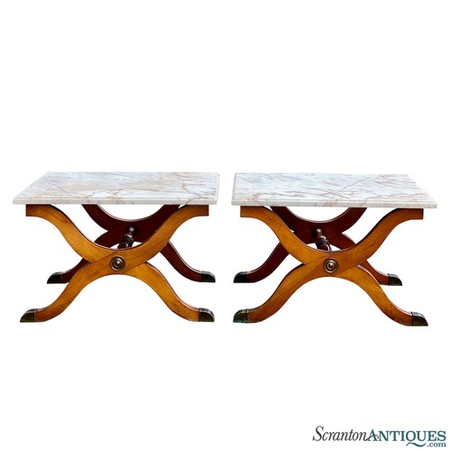 Vintage French Regency Mahogany X Form Marble Top End Table - A Pair