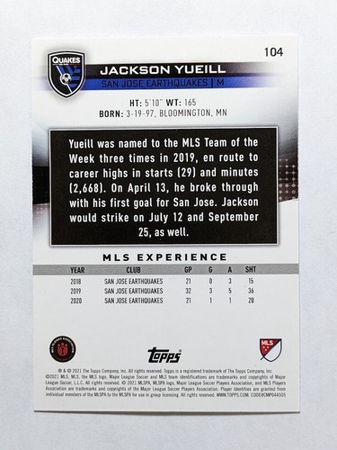 Jackson Yueill 2021 Topps MLS White Icy Foil San Jose Earthquakes #104 - Picture 2 of 2