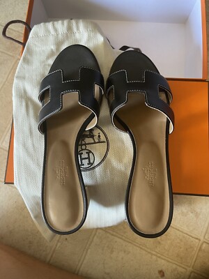 Size 38EU New in Box Hermes Black Noir Calfskin Oasis Sandals | eBay