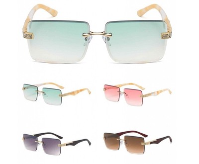 Trendy Sunglasses Black Lens Square Rimless Wood Grain Buffs Classic Hip Hop Men