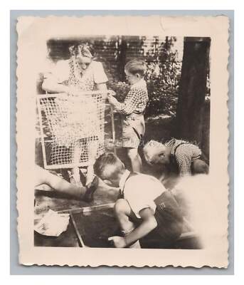 Boys Children Young Woman Gardening - Vintage Photo 1930s