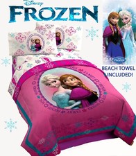 Disney Frozen Anna Elsa Twin Pink Comforter Reversible Sheets and Beach Towel