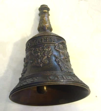 Antique Renaissance style handbell in bronze. Superb patina and crisp detail.