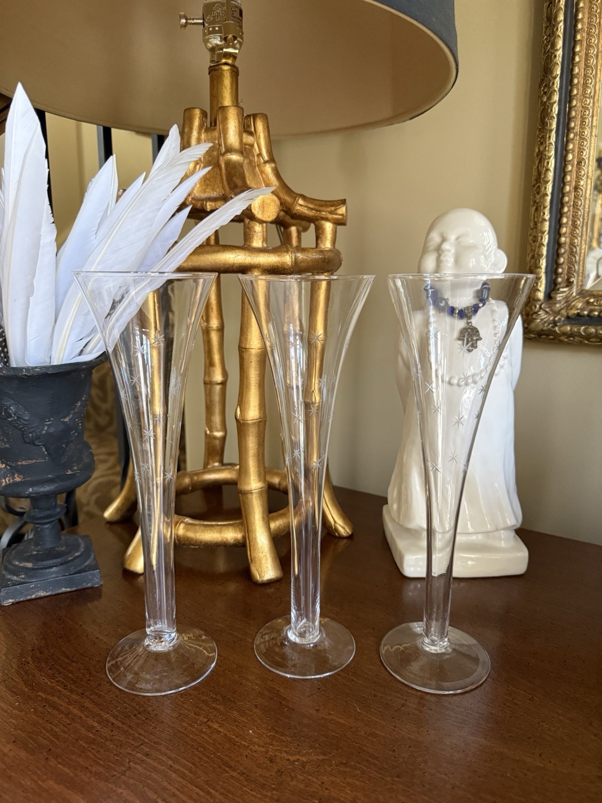 Vintage MCM Atomic Starburst Etched 4 Or 3 Hollow Clear Glass Champagne Flutes