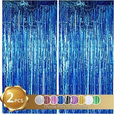 2 Pcs Blue Door Streamers Tinsel Curtain Party Backdrop Fringe Foil Wall