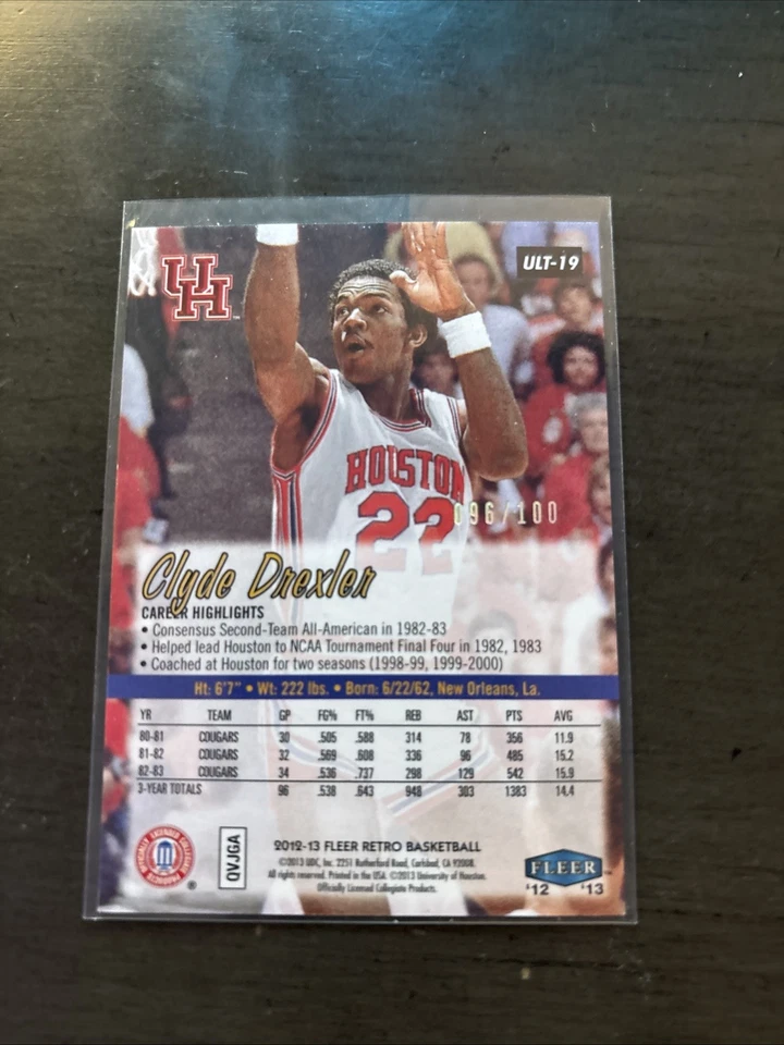 2012-13 Fleer Retro Clyde Drexler 97 98 Ultra Platinum Medallion #96/100 Cougars - Image 4 of 4