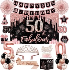50th Birthday Decorations for Women 32pc Party Kit Rose Gold Black Banner