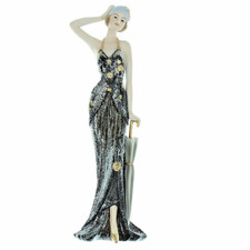 Large Elegant  Ceramic Lady Figurine Black Ballgown & Parasol Ornament Rose 32cm