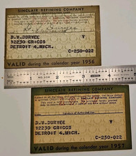 2 Vintage Sinclair Refining Company Paper Credit Cards Gas Oil Detroit MI '56 57