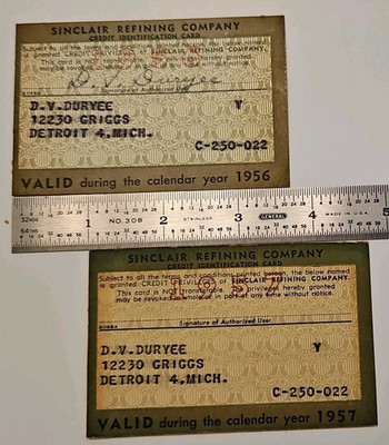 2 Vintage Sinclair Refining Company Paper Credit Cards Gas Oil Detroit MI '56 57