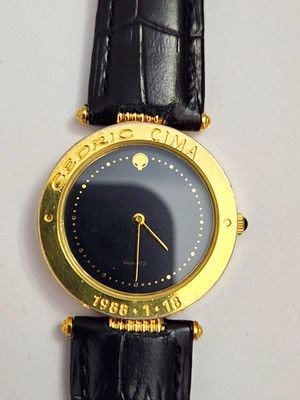 1988 Nissan Cedric Cima Quartz  Dress Watch Gold Case Black Dial Leather Strap