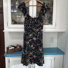 OLD NAVY Cami Dress Size L Women's Black Floral Flutter Cap Sleeves Smocked Back