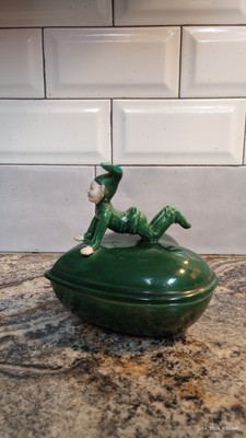 Vintage Pixie Elf On A Green Heart Trinket Dish