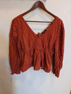 Madewell Red Top Size Large Adjustable Back Long Sleeve V Neck Cottagecore