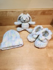 Rainbow Baby Hat Bootie Set With Bunny Plush Crocheted Baby Shower Gifting Set