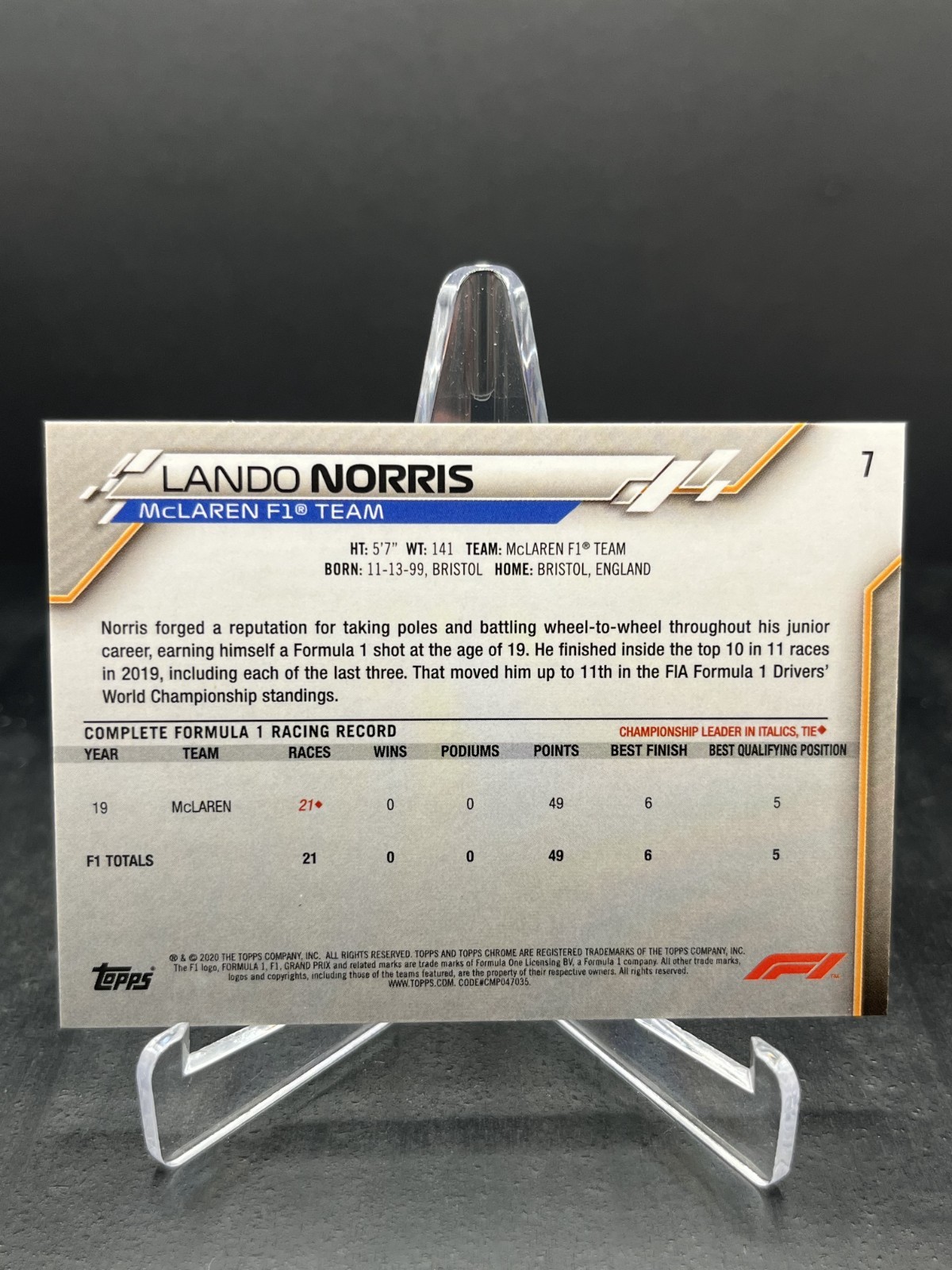 2020 Topps Chrome Sapphire F1 Lando Norris RC Rookie Image Variation IV SP #7 view 2