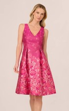 Adrianna Papell Pink Multi V-Neck Floral Hem Jacquard Midi Dress Size 16 $189