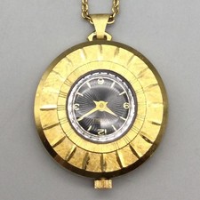 Norbee Pendant Pocket Watch Necklace Women 40mm Gold Tone Black Dial Manual Wind