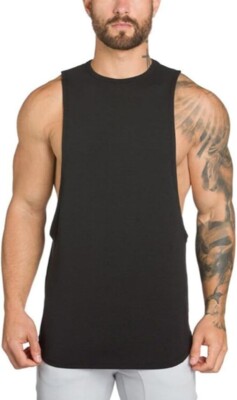 ZUEVI Men's BLACK Low Arm Stringer Tank Top Open Arm Tank Top Drop Tank Top Tee