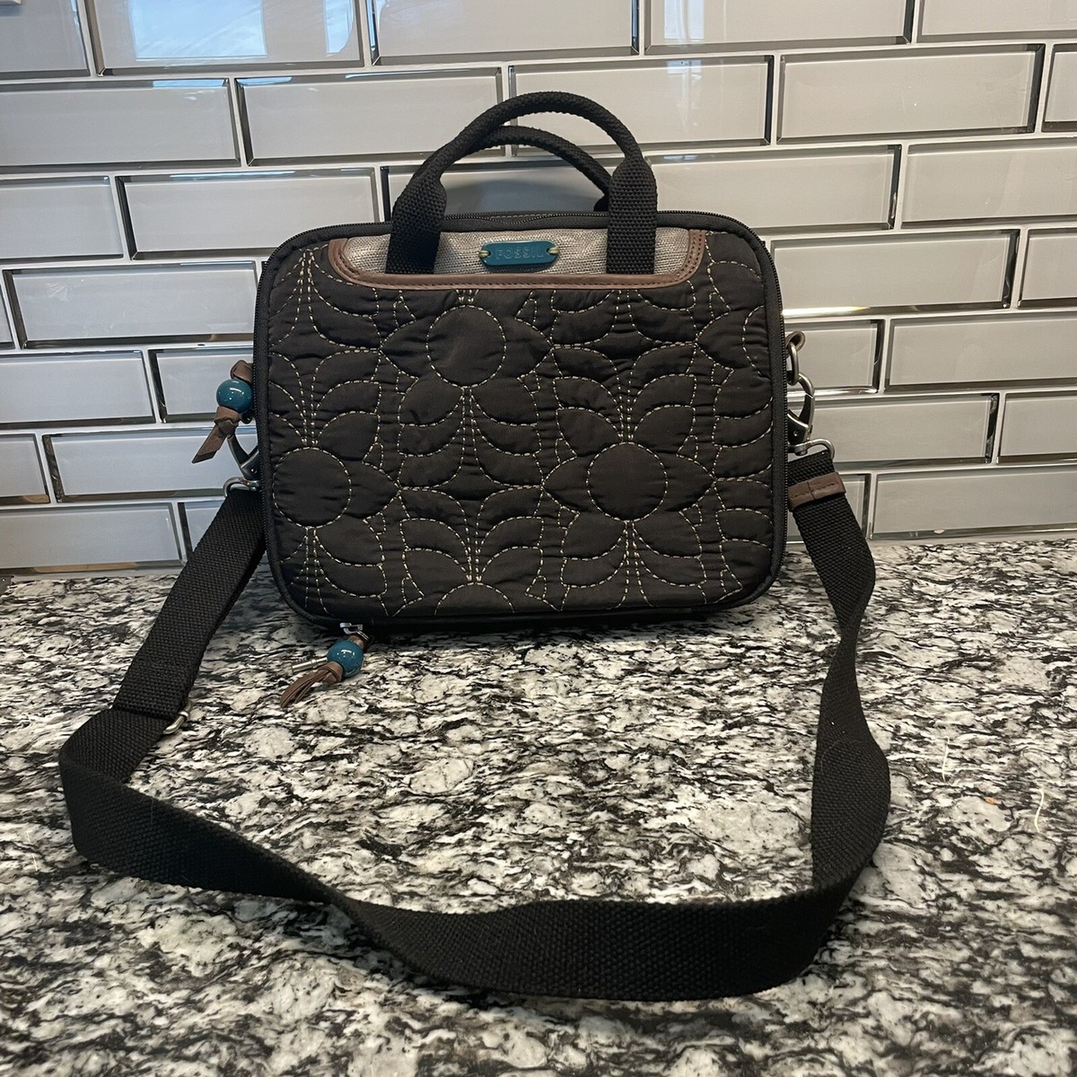 Fossil Key-Per Quilted Nylon Tote Shoulder Bag Black Green Travel Overnight Fossil Key Per Shoulder Bag Quilted Bags & Handbags for  main image 3