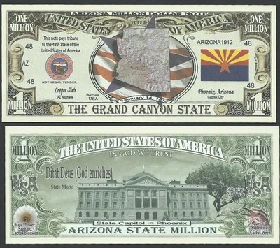 Arizona State Million Dollar Bill Play Funny Money Novelty Note+FREE SLEEVE