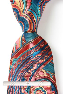 New Classic Paisley Blue Red Orange JACQUARD WOVEN 100% Silk Men's Necktie Tie