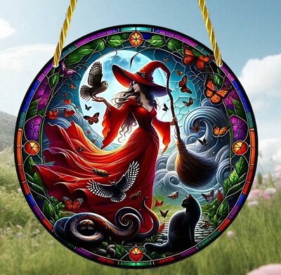 Hexe Katze Sonnenfänger Hängedeko Fenster HD Acryl Plakette Deko 20cm