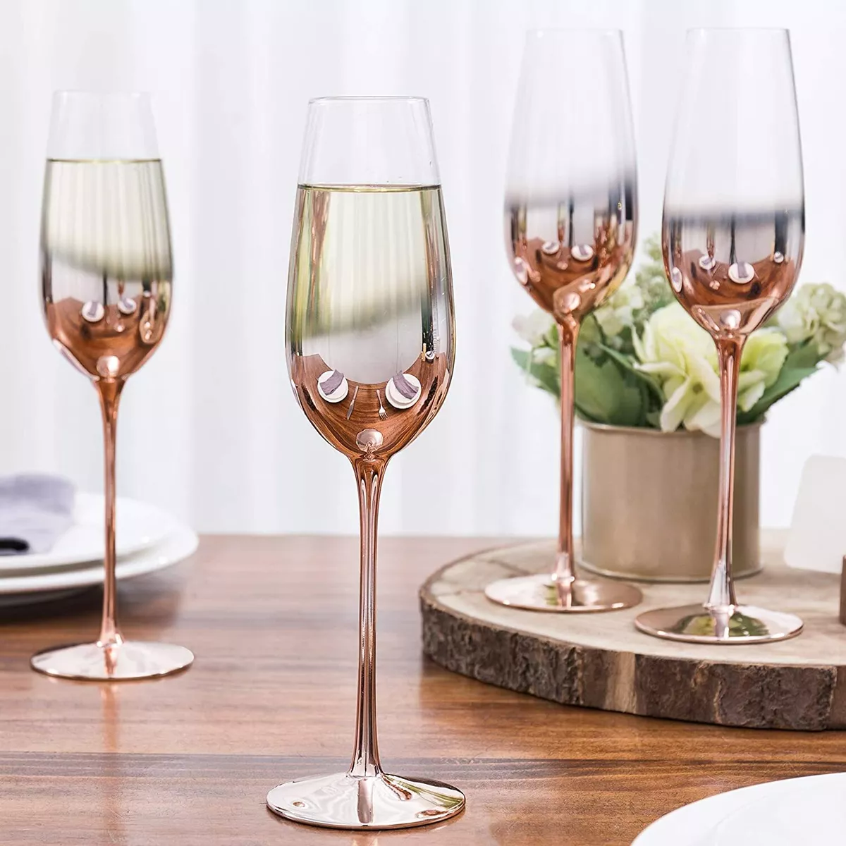 9 oz Elegance Party Champagne Flute Ombre Rose Gold Stemware Glasses, Set  of 4