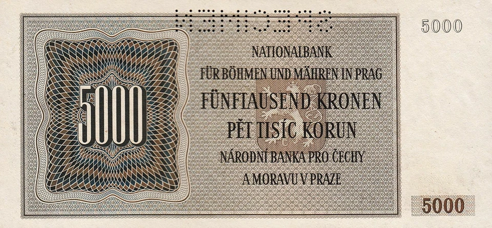 Bohemia & Moravia 5000 Korun 1944 Unc , P-17s , Specimen - Image 2 of 2